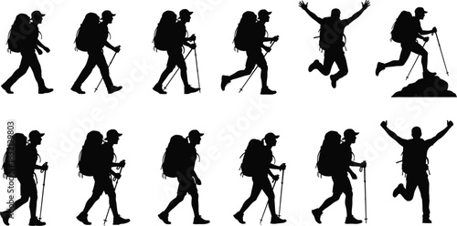 Hiker silhouette vector set, backpacker walking and jumping with trekking poles, outdoor adventure people collection, camping travel illustration