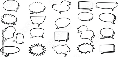 Speech bubble doodle talk set. Hand drawn comic doodle style dialog balloon, thought cloud speech bubble element pack. Cartoons speak elements on a blackboard background. Vector illustration
