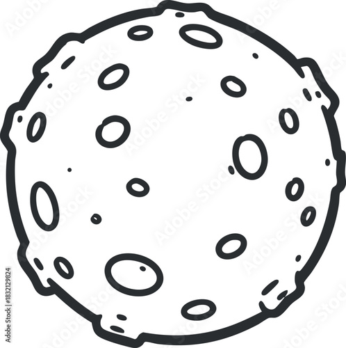A cartoon-style illustration of a moon with craters in black and white outline vector style, suitable for educational materials and space-themed designs