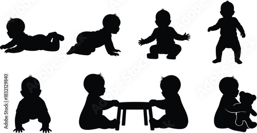 Baby silhouette vector set, cute infant collection in different poses like crawling sitting and standing, black toddler figures