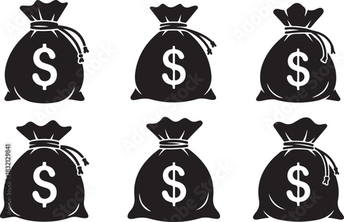 Six Black Money Bags with Dollar Signs on White Background currency finance