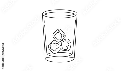 Simple line drawing of a glass with ice cubes black and white illustration minimalist design hand drawn style isolated on white background silhouette