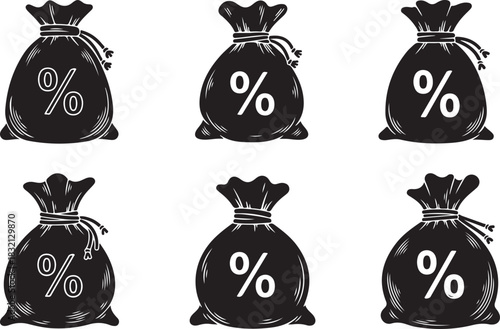 Six Black Money Bags with Percentage Symbols on White Background finance discount
