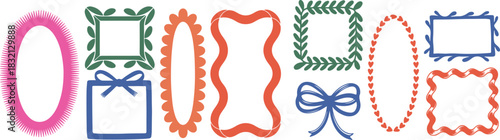 Whimsical crayon-style coquette frames with bows, hearts & leafy borders — playful modern decoration for weddings, bachelorette parties & girly designs