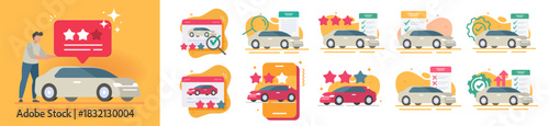 Car auto rating review inspection icon set vector modern illustration graphic design, vehicle performance or technical history report, automobile insurance score stars, maintenance evaluate assessment