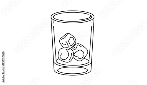 Minimalist glass with ice cubes outline drawing refreshing drink illustration simple black and white design cold beverage concept isolated on white background silhouette