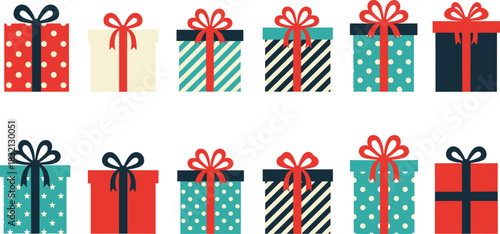Colorful gift boxes vector set, Christmas and birthday present collection with ribbons, flat holiday surprise icon illustration