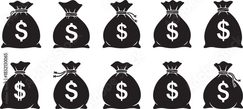 Ten Black Silhouette Money Bags with Dollar Signs on White Background finance wealth