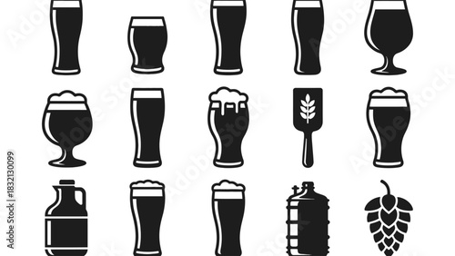 Vector illustration of various beer glasses and brewing items
