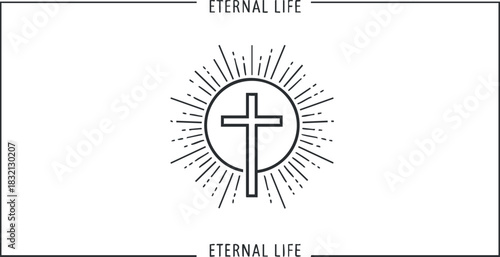 A cross symbol with radiating lines in minimalist black and white vector style, representing eternal life and spirituality