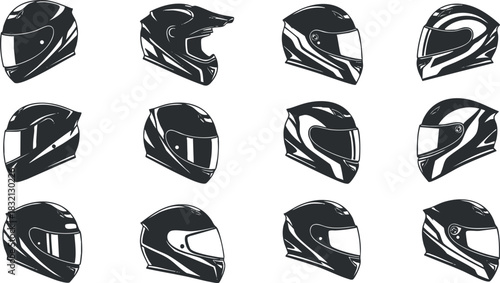 A collection of motorcycle helmets in black and white minimalist vector style, perfect for sports and biking graphics