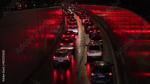 Night scene with hellish traffic jam on a rainy autumn day in Bucharest.