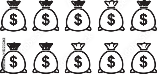 Ten Money Bags with Dollar Signs in Black and White Outline Style finance wealth