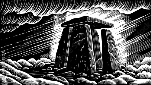 towering cliff formation with heavy darkness black and white, massive sharp stones, chilling air, and an ancient mysterious presence dominating the rugged terrain