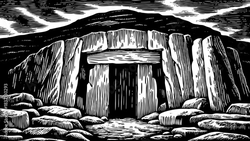 towering cliff formation with heavy darkness black and white, massive sharp stones, chilling air, and an ancient mysterious presence dominating the rugged terrain