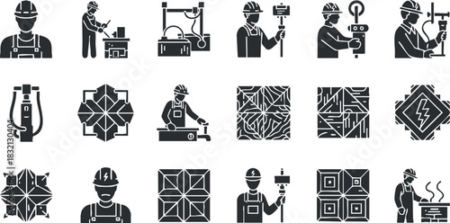 A collection of construction worker icons featuring tools and equipment in black vector style, suitable for industrial design and presentations