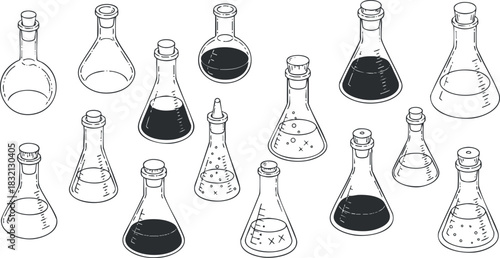 A collection of various laboratory flasks and bottles in black and white outline vector style, ideal for educational or scientific projects