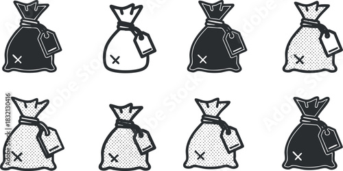 A collection of money bags with tags in black and white minimalist vector style, perfect for finance and business design
