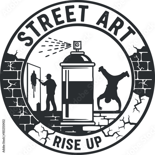 A street art logo featuring a spray can, an artist painting, and a dancer performing a handstand in black and white vector style, perfect for urban culture projects