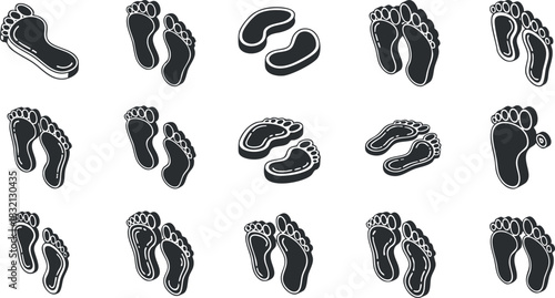 A collection of black and white footprint icons in minimalist vector style, suitable for health and wellness designs