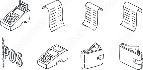 A collection of point-of-sale (POS) terminal, receipts, and wallet icons in black and white outline vector style, suitable for finance and retail applications