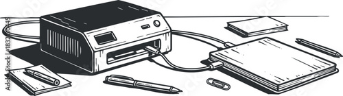 A printer and stationery items on a desk in black and white minimalist vector style, perfect for office and workspace designs