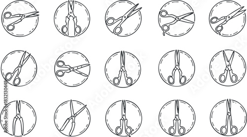 A set of scissors icons in outline style, arranged in a circular pattern, ideal for crafting and design projects