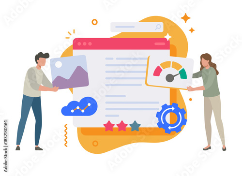 People building website icon vector, man woman persons building web site page interface modern graphic design illustration, human teamwork internet webpage creation construction concept image