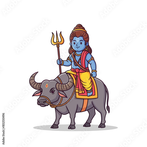 Cute vector illustration of a blue hindu deity holding a trident while spiritually riding the nandi bull, isolated on white.
