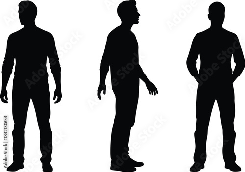 Man silhouette vector set, casual male standing and walking poses, young guy profile collection, black isolated figures