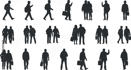 A collection of business people silhouettes in various poses and activities, featuring modern black vector style, ideal for corporate design and presentations