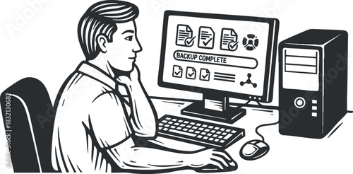A man sitting at a desk using a computer with a backup notification in black and white vector style, suitable for tech-related illustrations