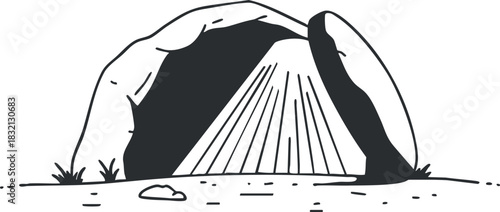A cave entrance with a rocky exterior and rays of light shining inside in minimalist black and white vector style, suitable for adventure and exploration themes