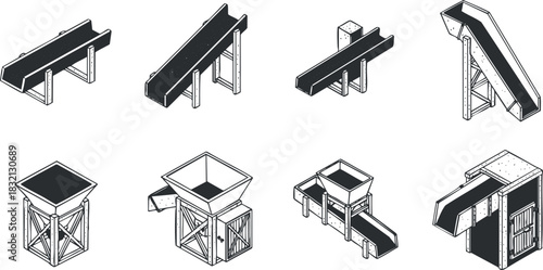 A set of industrial conveyor belt systems and hoppers in black and white outline vector style, suitable for engineering and manufacturing designs