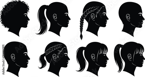 Woman head silhouette vector set, female profile with different hairstyles, hair salon beauty logo collection, black face side view