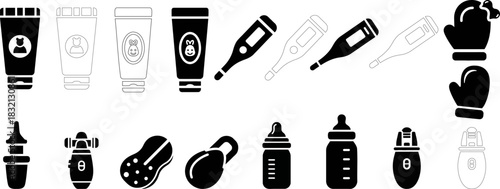 Baby care icons set – baby cream, thermometer, bottle, mittens, nasal aspirator, sponge, nail trimmer – solid and outline vector