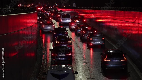 Night scene with hellish traffic jam on a rainy autumn day in Bucharest.