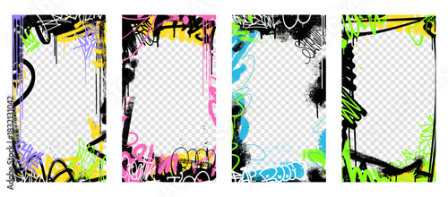 Grunge color frame templates with scribbles, aerosol paint, and ink drips. Set of graffiti spray art layout backgrounds with abstract street art elements on a transparent background.