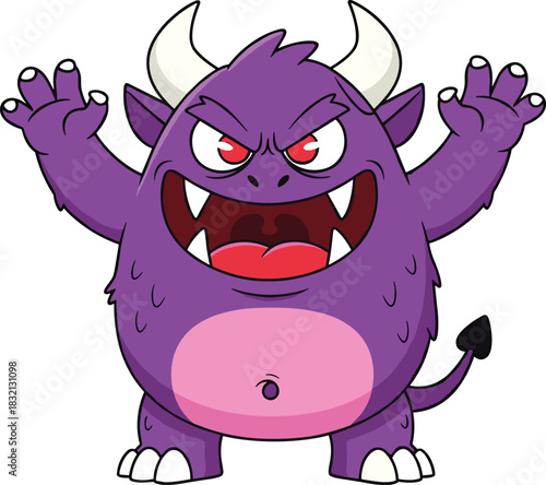 Purple cartoon monster vector illustration, angry scary beast character with horns, funny halloween mascot design, cute alien