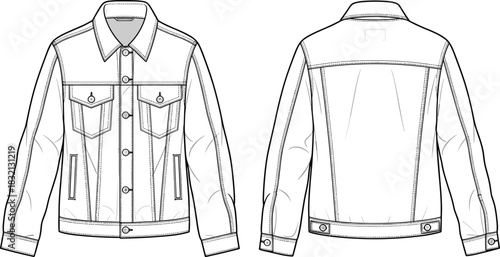 Denim jacket vector technical drawing, classic trucker coat flat sketch, front and back view, jean outerwear apparel design template