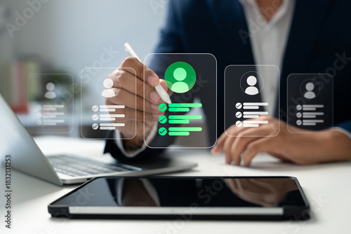 Human resource management technology (HR), Human resource manager touching human resource network structure and checks the CV online to choose the perfect employee for company, Effective recruitment.