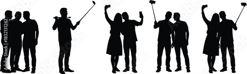 People taking selfies silhouette vector set, friends and couples with smartphones and selfie sticks, social media photography illustration