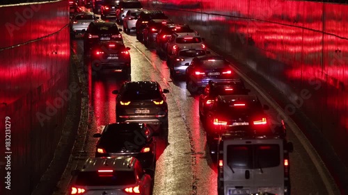 Night scene with hellish traffic jam on a rainy autumn day in Bucharest.