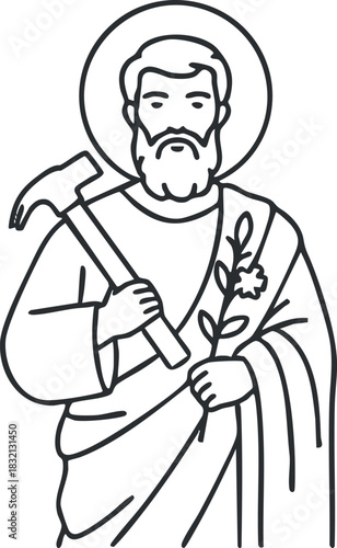 A saint holding a hammer and a flower in minimalist outline vector style, suitable for religious themes and illustrations