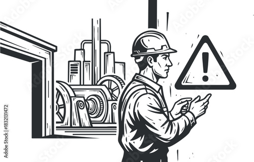 An engineer inspecting machinery with a warning sign in black and white vector style, suitable for safety training materials