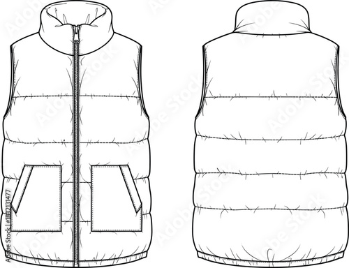 Puffer vest vector technical drawing, quilted gilet flat sketch with pockets, front and back view, sleeveless jacket apparel design template