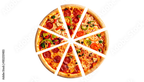 Isolated Supreme Pizza Cut Into Slices - Top Down View of Classic Pepperoni and Vegetable Topping