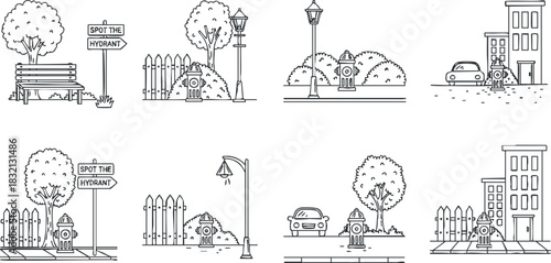 A playful set of illustrations featuring various urban scenes with hydrants, trees, cars, and benches in black and white minimalist vector style, ideal for educational or entertainment purposes