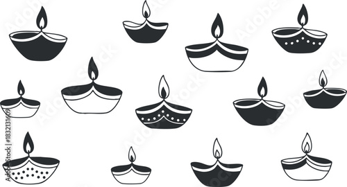 A collection of decorative candles and diyas in black and white minimalist vector style, perfect for festive designs and celebrations