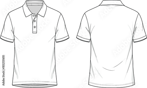 Polo shirt technical drawing vector, short sleeve fashion flat sketch, front and back view, casual apparel design template
